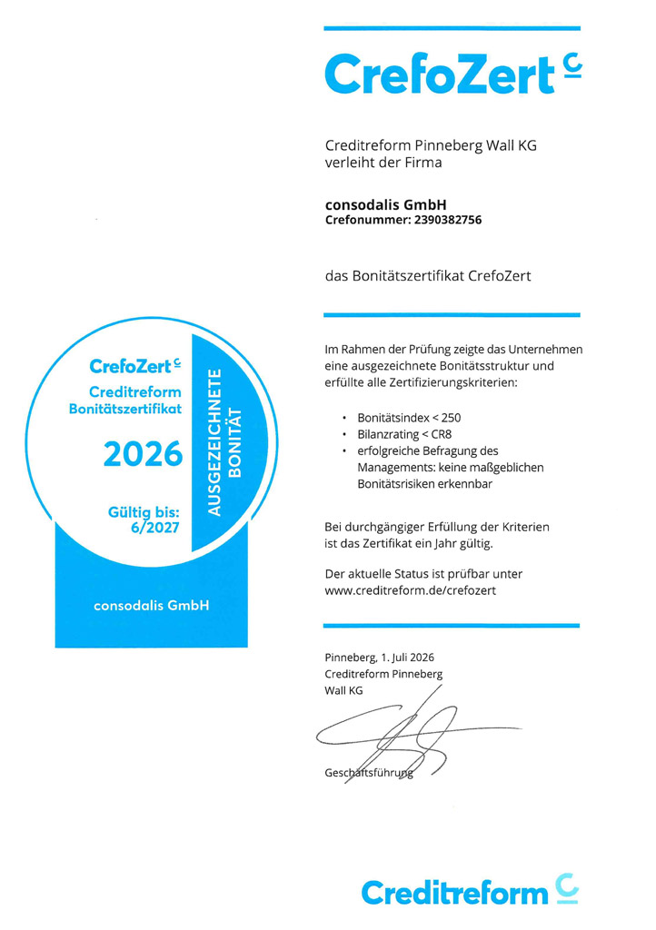 Certificate page for Creditreform Bonitätszertifikat 2026 with a blue design and signature area on the bottom right.